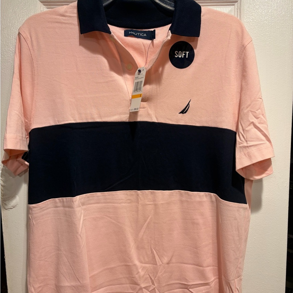Nautica Pink and Navy Wide-Stripe Polo